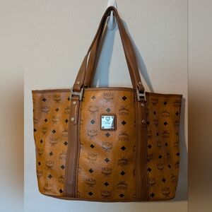MCM Visetos Cognac Shoulder Tote Gold Inscribed Hardware Bag!